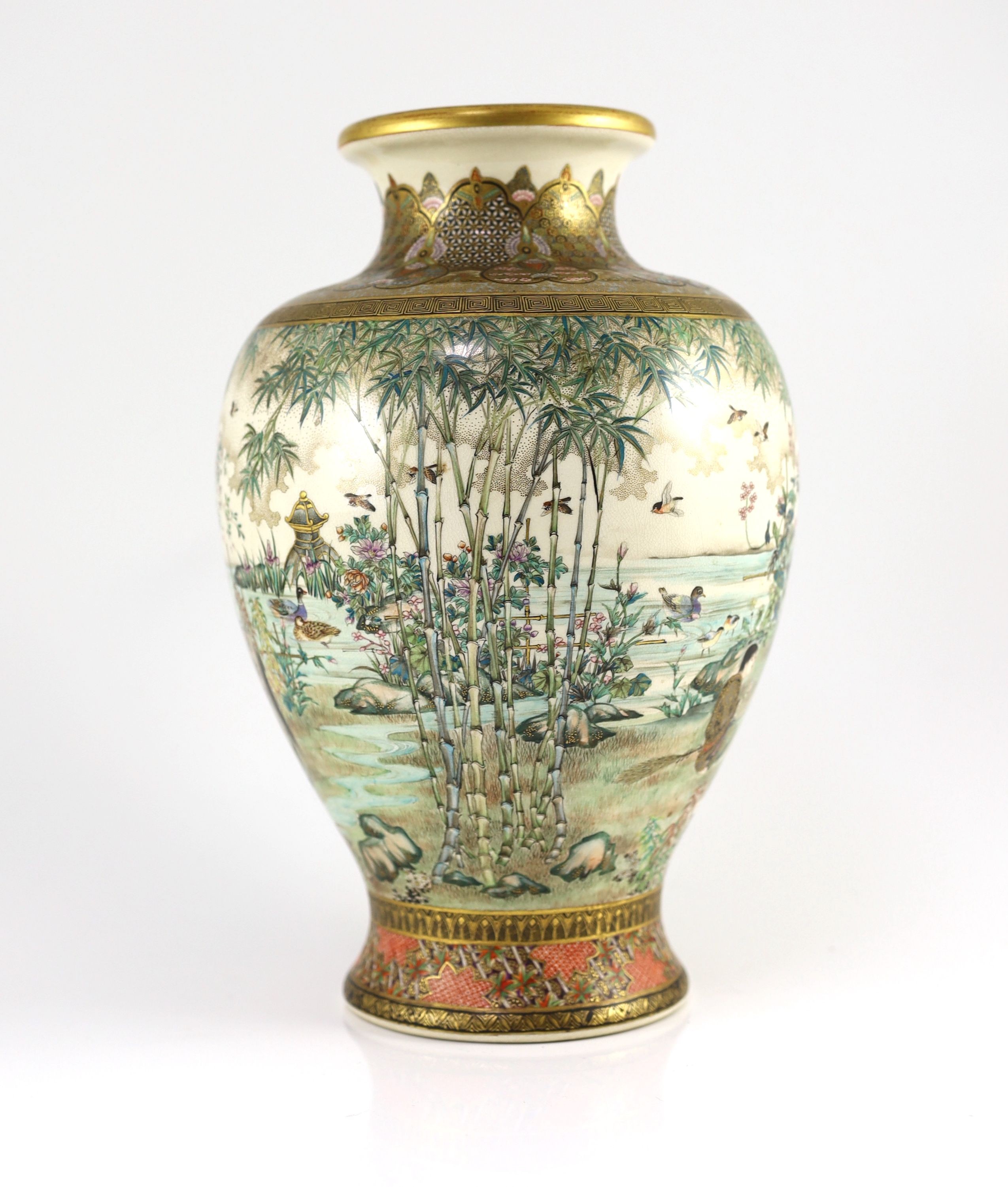A fine Japanese Satsuma pottery vase, signed Takezan, Meiji period, 31cm high